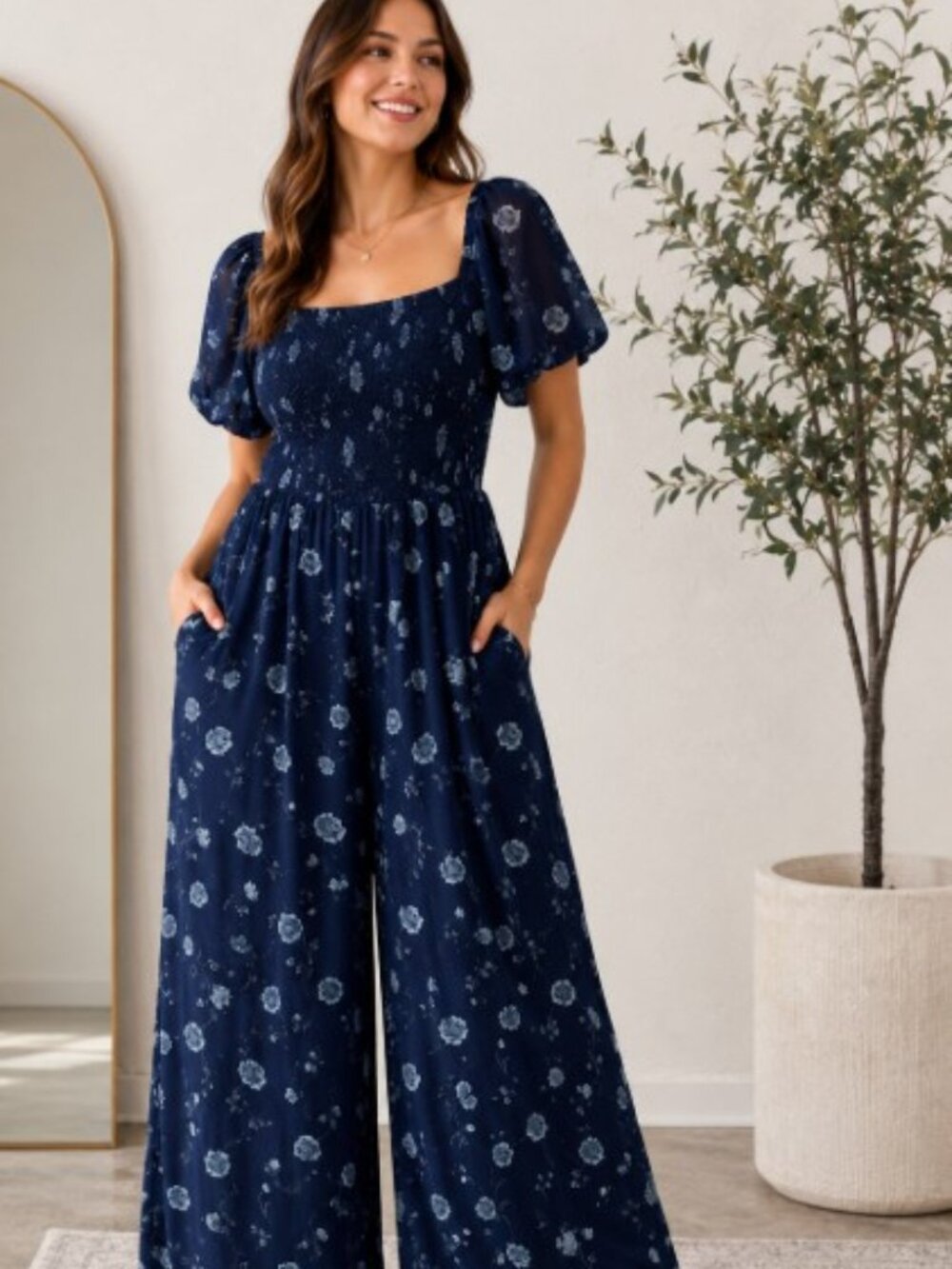 Torrid Navy Floral Jumpsuit Sz 0 (L) (Wide Leg Cottagecore Puff Sleeve Romper
